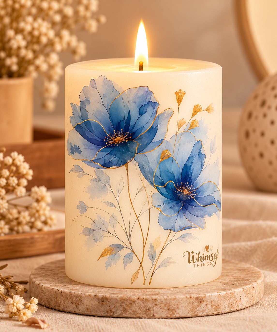 Blue Poppy Pillar Candle